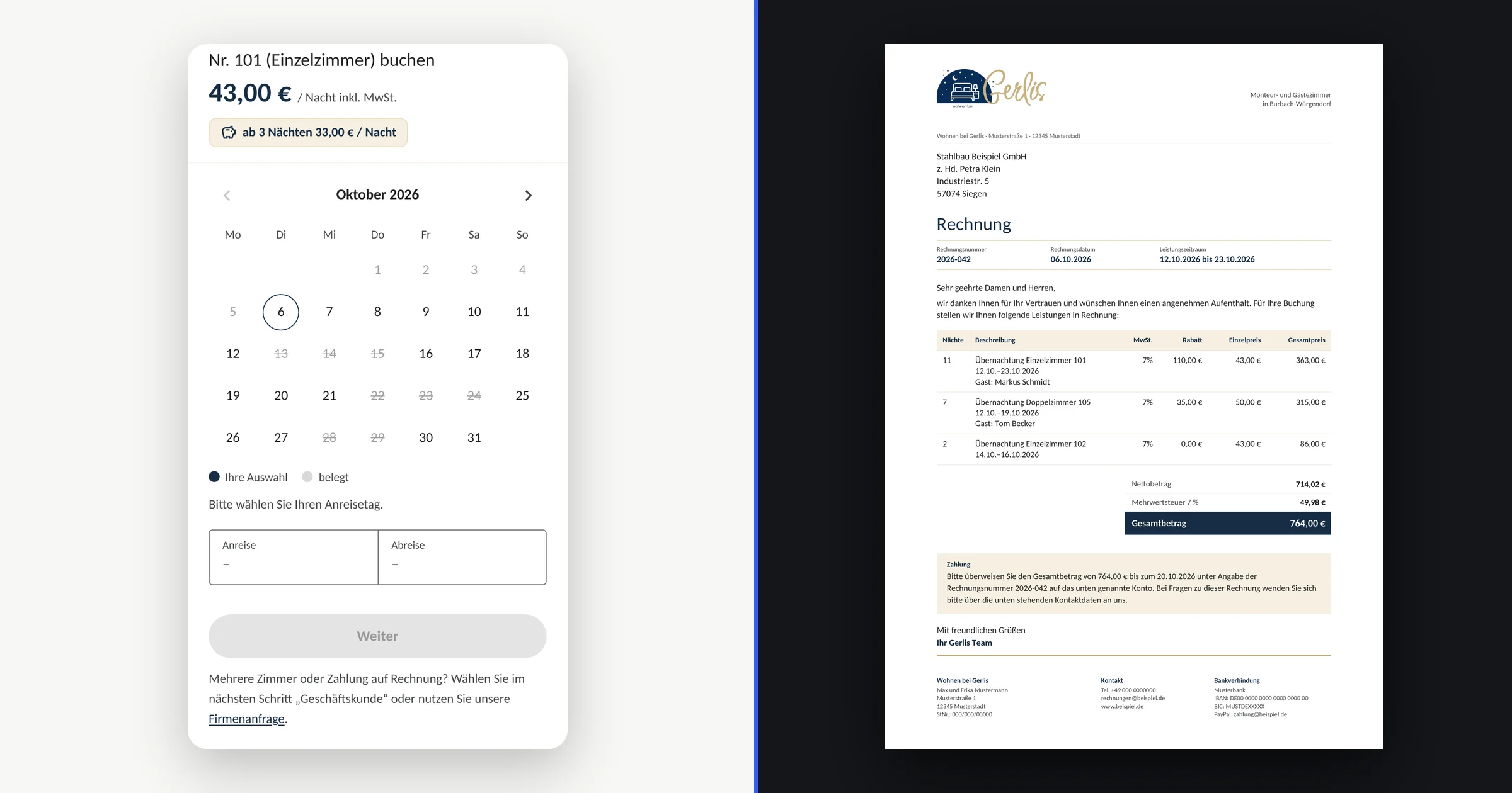 Links der Buchungskalender für Zimmer 101 mit belegten Tagen, rechts eine automatisch erzeugte Rechnung im selben Design