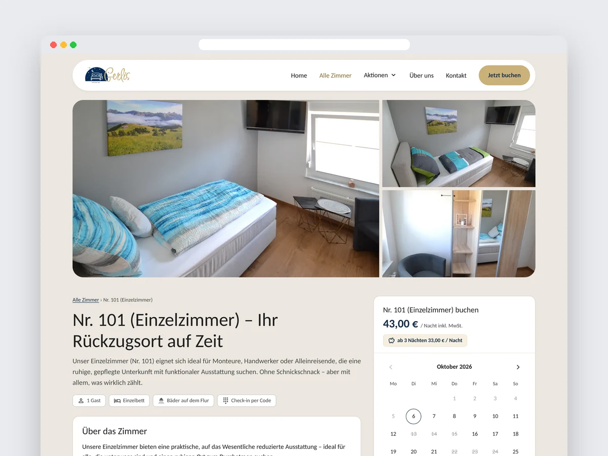 Zimmerseite 101 mit Fotos, Preis und Buchungskalender