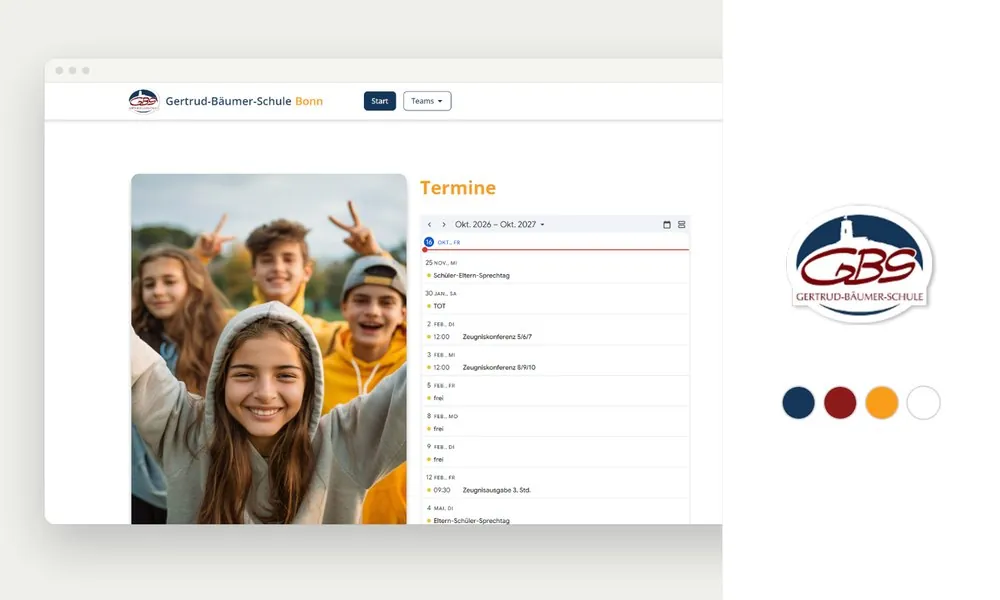 Website der Gertrud-Bäumer-Schule Bonn mit Schülerfoto und eingebundenem Terminkalender