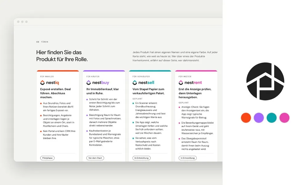 Website von Immooly mit den vier Produkten nestiq, nestbuy, nestsell und nestrent, jedes in eigener Farbe, daneben das Immooly-Zeichen und die vier Produktfarben