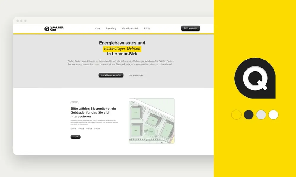 Startseite von Quartier Birk mit Headline und Gebäudeauswahl samt Lageplan der vier Häuser