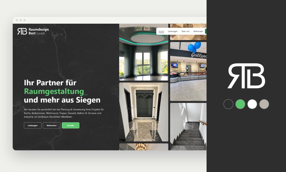 Startseite von Raumdesign Bart mit dunklem Marmor-Hintergrund und Bildergalerie realisierter Räume